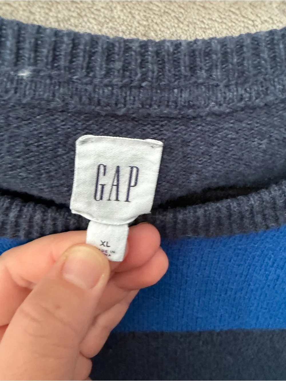 GAP Men’s Royal Blue and Charcoal Striped Crewneck Sweater